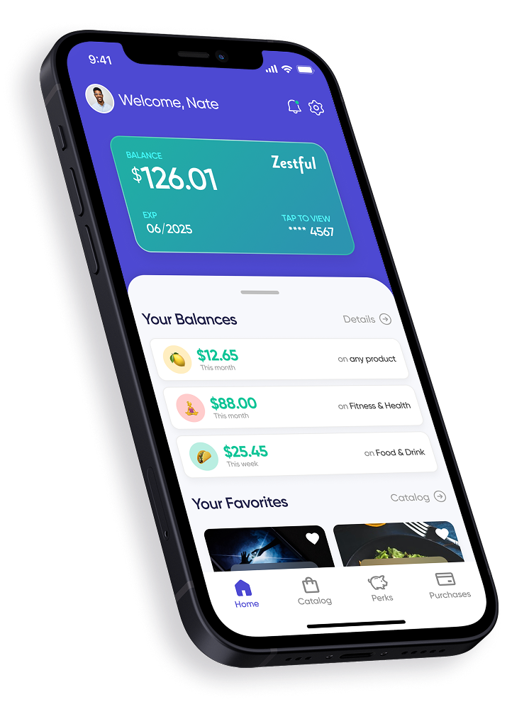 Zestful mobile app — balance and perks screens