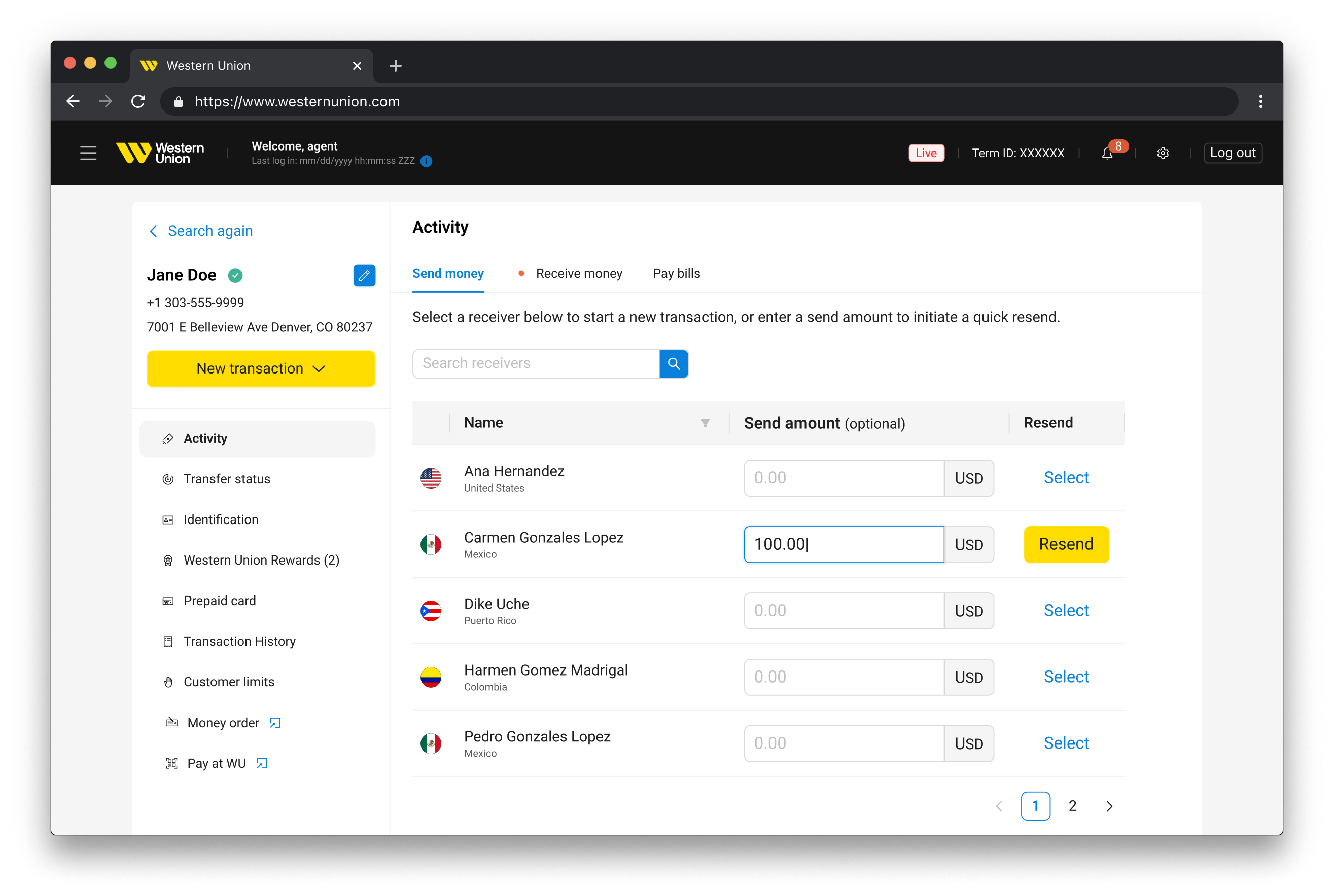 Quick Resend — point-of-sale customer profile and receiver list